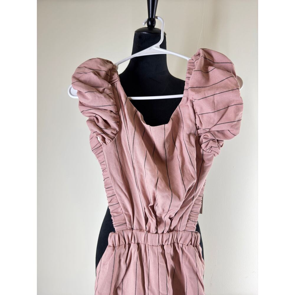 NWT Rosevelvet Puff Shoulder Mauve Pinstripe Criss-Cross Jumpsuit Sz L